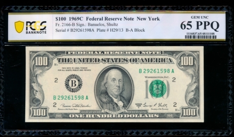 Fr. 2166-B 1969C $100  Federal Reserve Note New York PCGS 65PPQ B27261598A
