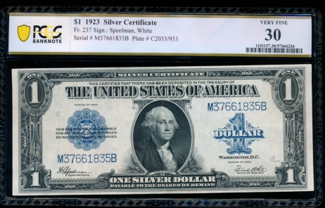 Fr. 237 1923 $1  Silver Certificate  PCGS 30 M37661835B