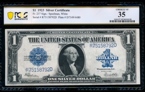 Fr. 237 1923 $1  Silver Certificate  PCGS 35 R75158792D