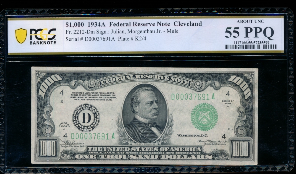 Fr. 2212-D 1934A $1,000  Federal Reserve Note Cleveland PCGS 55PPQ D00037691A