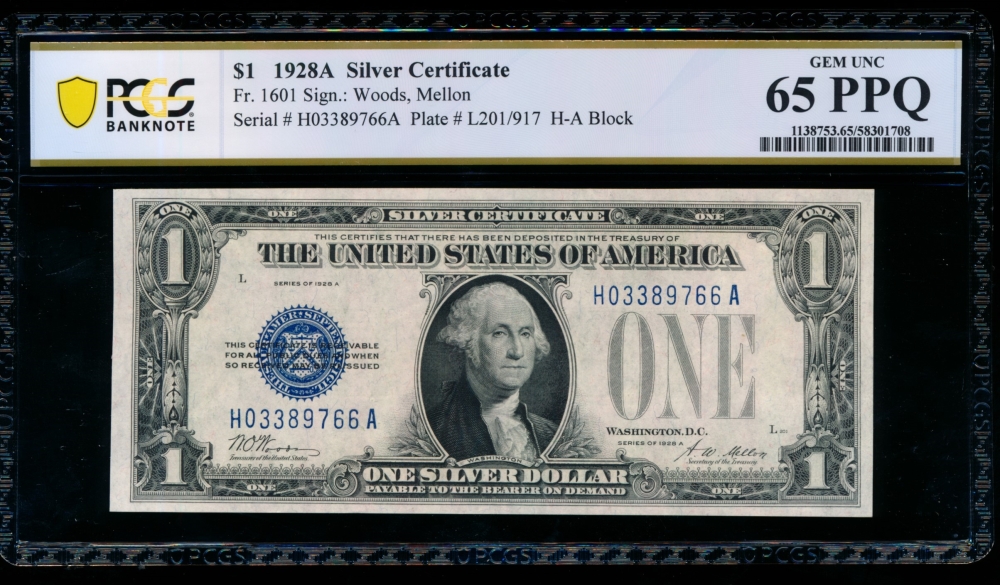 Fr. 1601 1928A $1  Silver Certificate HA block PCGS 65PPQ H03389766A