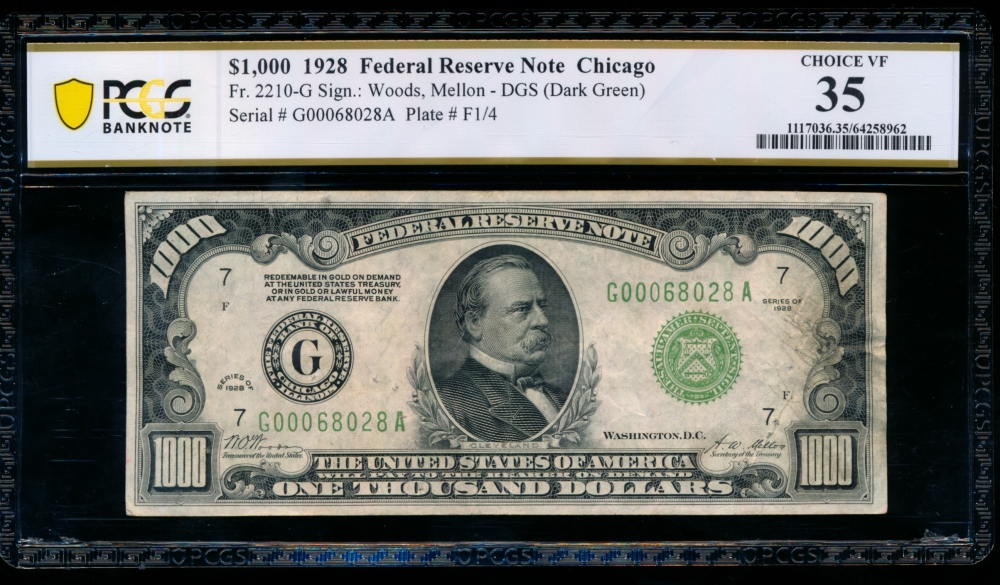 Fr. 2210-G 1928 $1,000  Federal Reserve Note Chicago PCGS 35 comment G00068028A