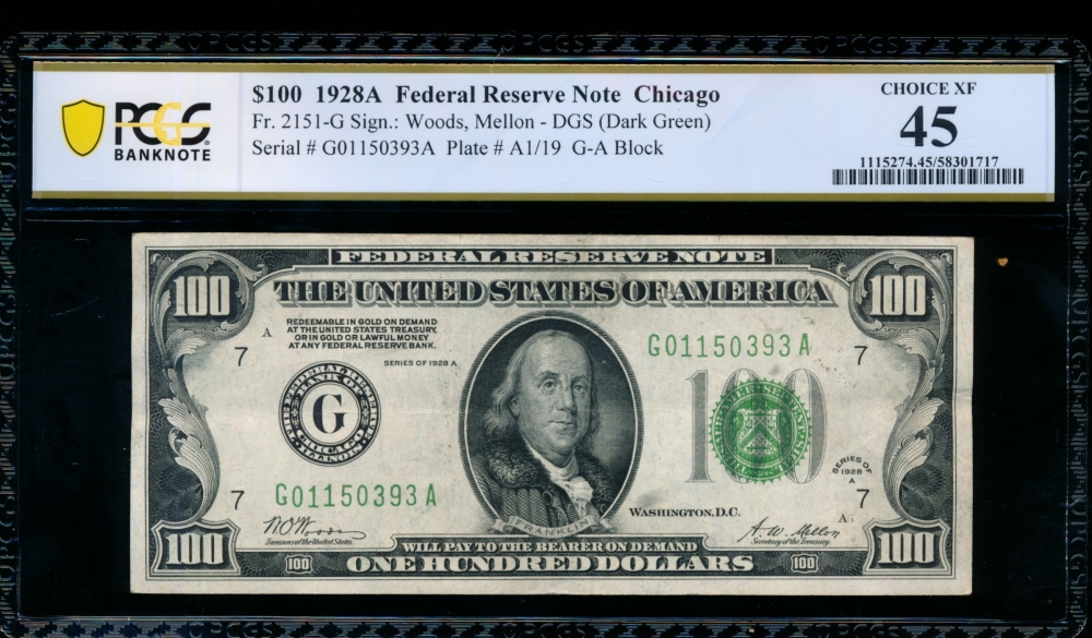 Fr. 2151-G 1928A $100  Federal Reserve Note Chicago PCGS 45 comment G01150393A