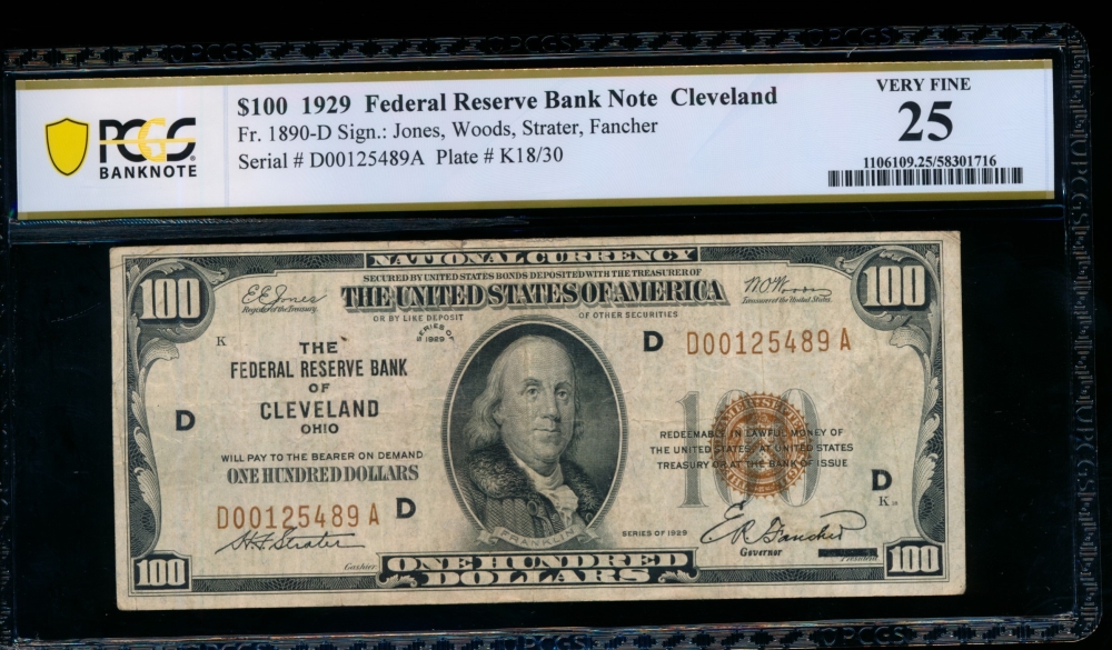 Fr. 1890-D 1929 $100  FRBN Cleveland PCGS 25 comment D00125489A