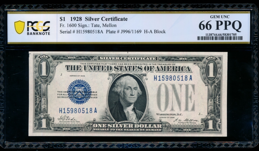 Fr. 1600 1928 $1  Silver Certificate HA block PCGS 66PPQ H15980518A