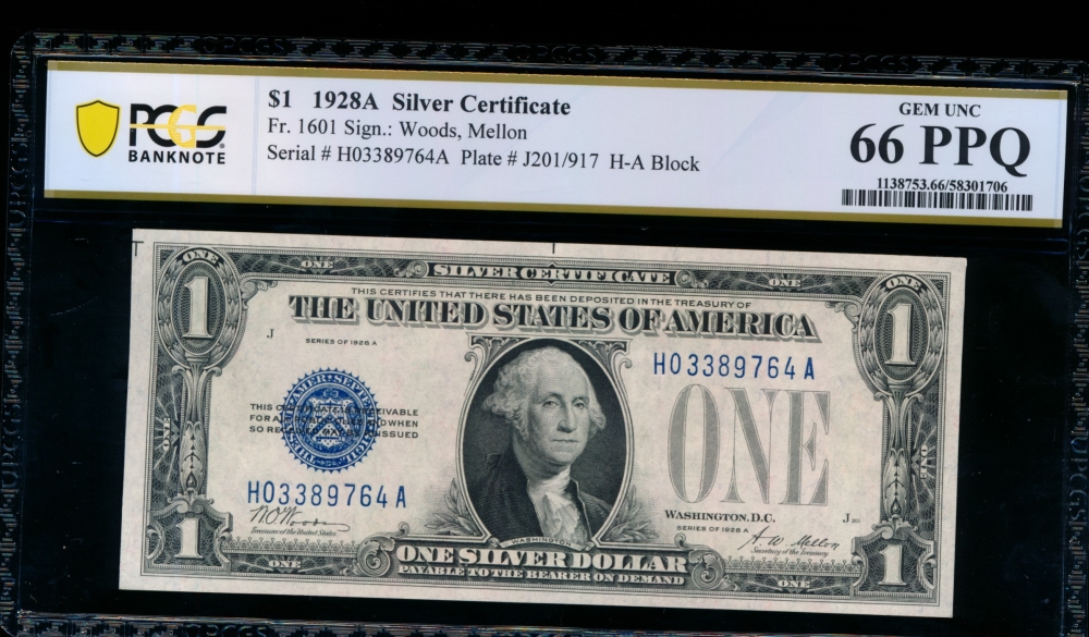 Fr. 1601 1928A $1  Silver Certificate HA block PCGS 66PPQ H03389764A