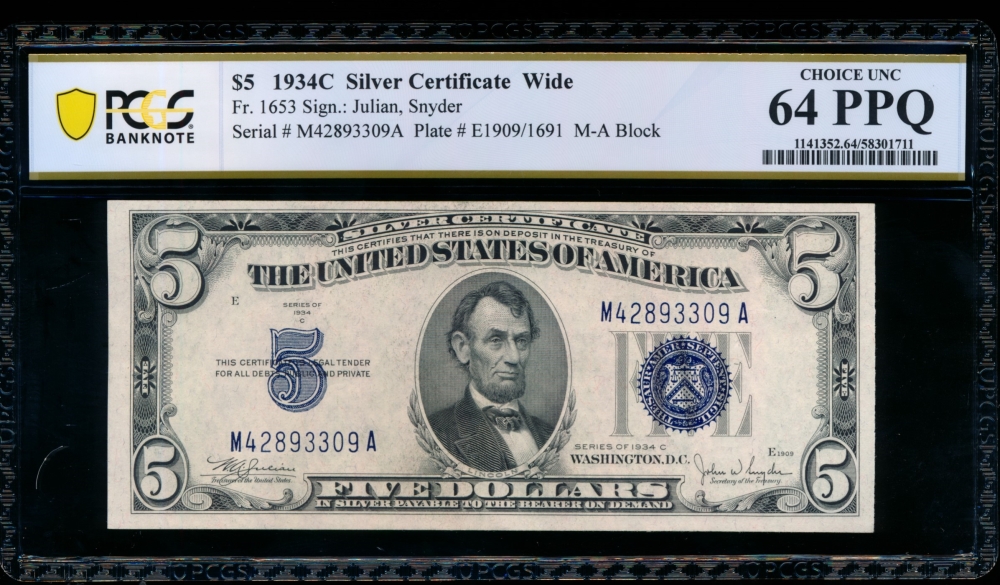 Fr. 1653 1934C $5  Silver Certificate Wide, MA block PCGS 64PPQ M42893309A
