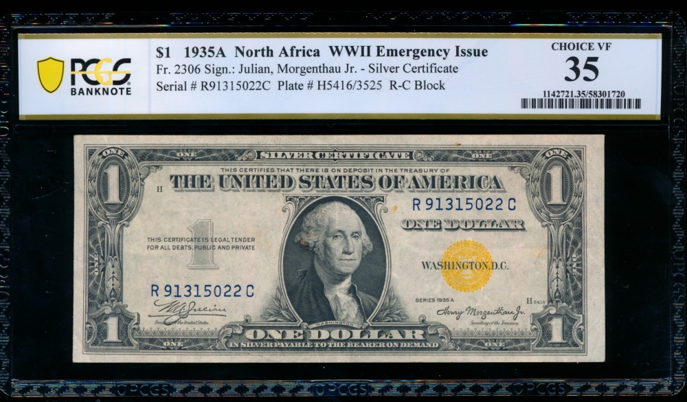 Fr. 2306 1935A $1  North Africa RC block PCGS 35 comment R91315022C