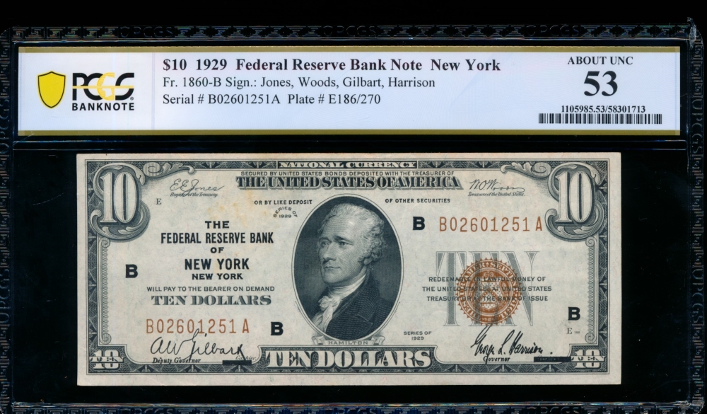 Fr. 1860-B 1929 $10  FRBN New York PCGS 53 comment B02601251A