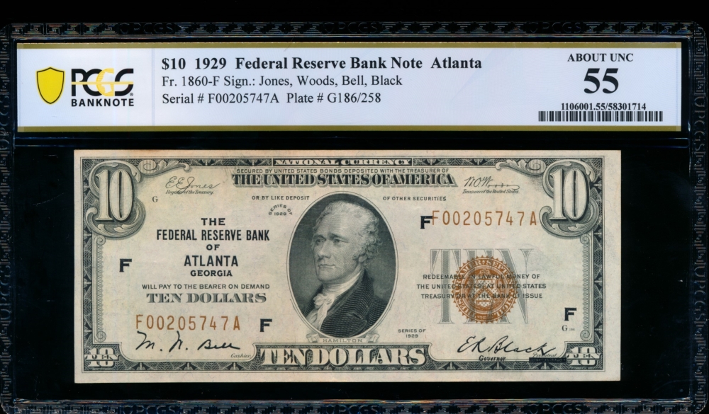 Fr. 1860-F 1929 $10  FRBN Atlanta PCGS 55 comment F00205747A