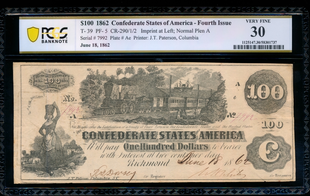 Fr. T-39 1862 $100  Confederate  PCGS 30 7992