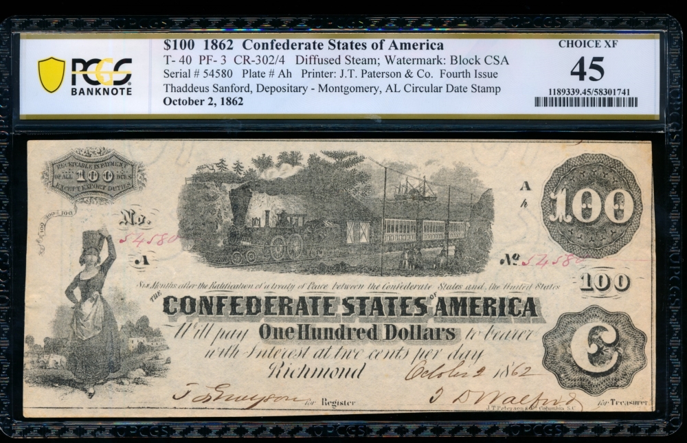 Fr. T-40 1862 $100  Confederate CSA watermark PCGS 45 54580