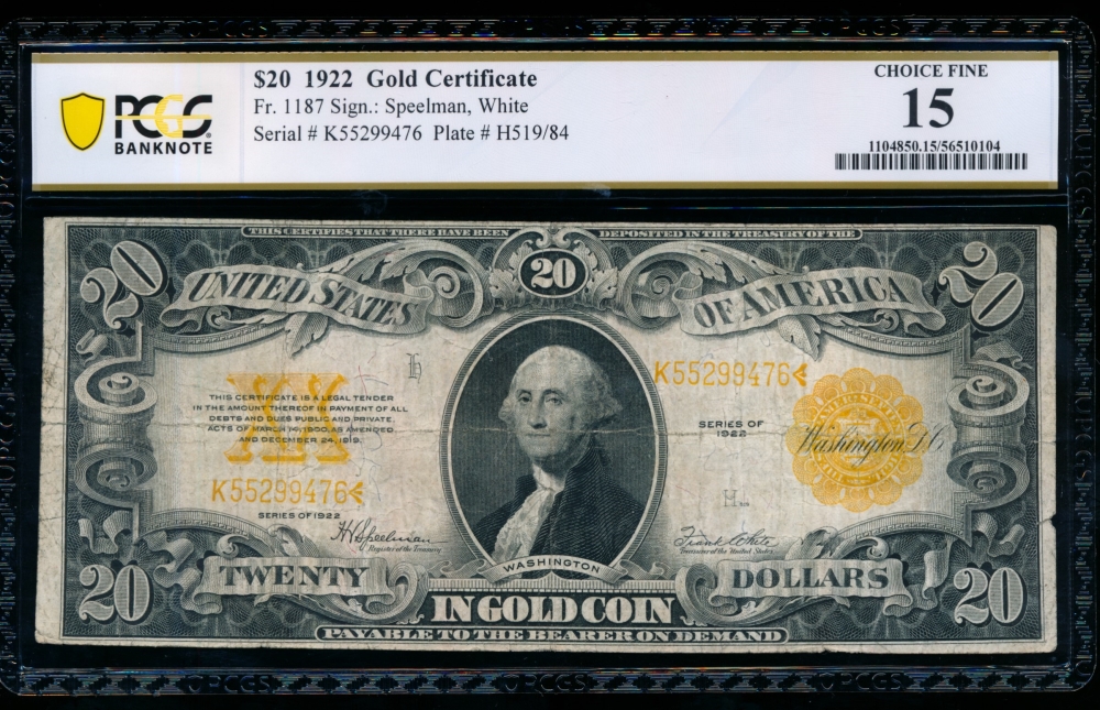 Fr. 1187 1922 $20  Gold Certificate  PCGS 15 comment K55299476