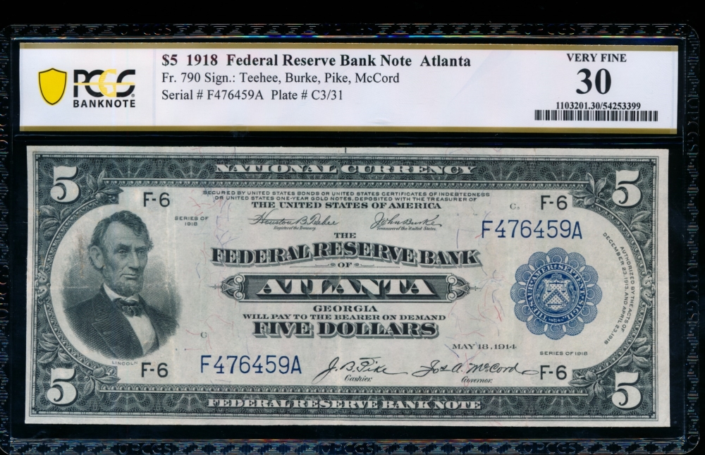 Fr. 790 1918 $5  FRBN Atlanta PCGS 30 F476459A