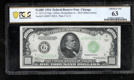 Fr. 2211-G 1934 $1,000  Federal Reserve Note Chicago PCGS 63 G00071905A