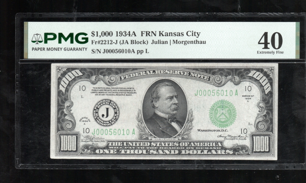 Fr. 2212-J 1934A $1,000  Federal Reserve Note Kansas City PMG 40 comment J00056010A