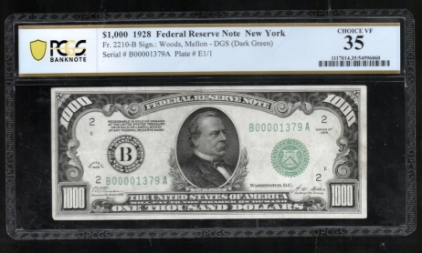 Fr. 2210-B 1928 $1,000  Federal Reserve Note New York PCGS 35 B00001379A