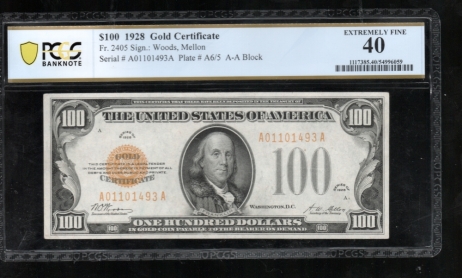 Fr. 2405 1928 $100  Gold Certificate  PCGS 40 A01101493A