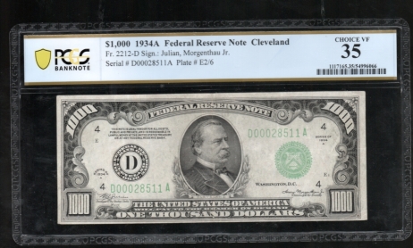 Fr. 2212-D 1934A $1,000  Federal Reserve Note Cleveland PCGS 35 comment D00028511A