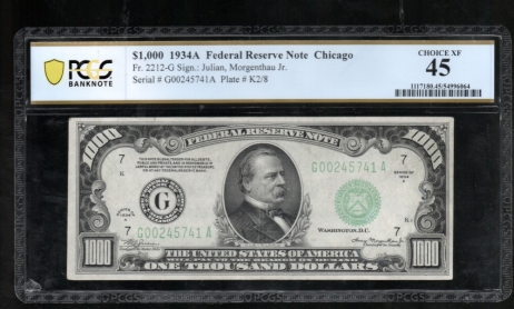 Fr. 2212-G 1934A $1,000  Federal Reserve Note Chicago PCGS 45 comment G00245741A
