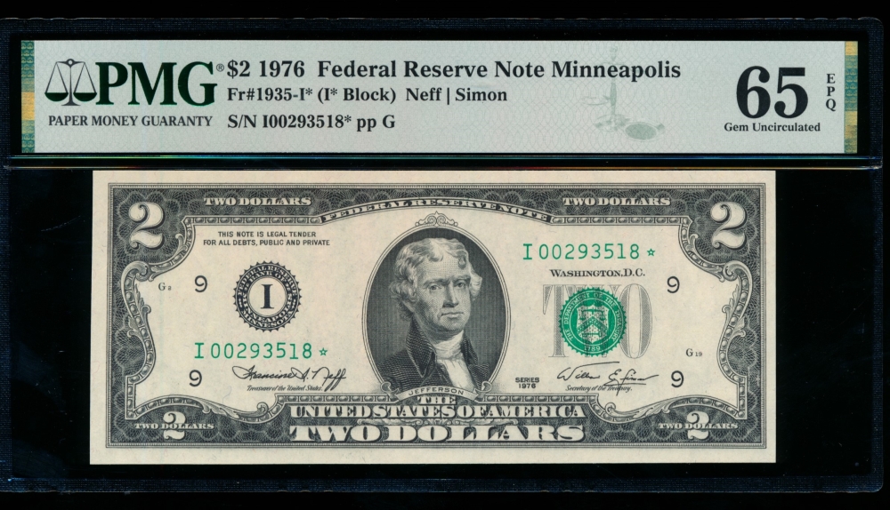 Fr. 1935-I 1976 $2  Federal Reserve Note Minneapolis star PMG 65EPQ I00293518*
