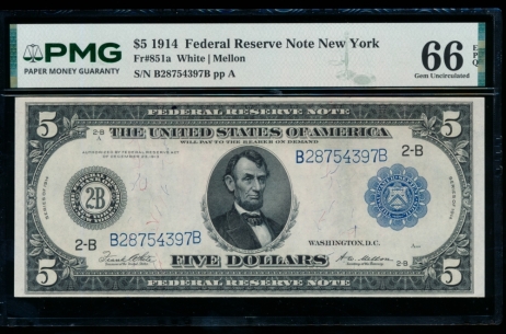 Fr. 851a 1914 $5  Federal Reserve Note New York PMG 66EPQ B28754397B