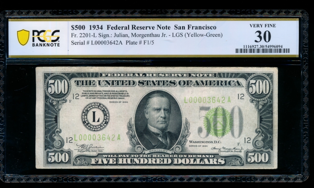 Fr. 2201-L 1934 $500  Federal Reserve Note San Francisco LGS PCGS 30 comment L00003642A