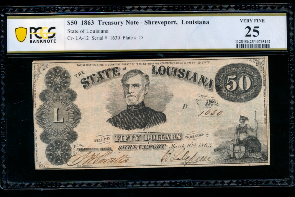 Fr. Cr LA-12 1863 $50  Obsolete State of Louisiana, Baton Rouge PCGS 25 1630