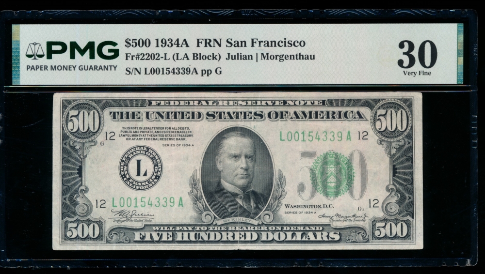 Fr. 2202-L 1934A $500  Federal Reserve Note San Francisco PMG 30 L00154339A