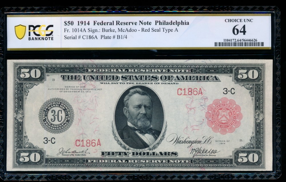 Fr. 1014a 1914 $50  Federal Reserve Note Philadelphia red seal PCGS 64 C186A