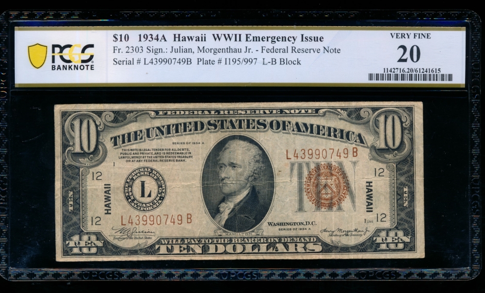 Fr. 2303 1934A $10  Hawaii  PCGS 20 L43990749B
