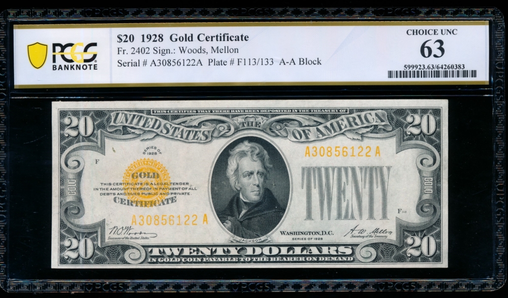 Fr. 2402 1928 $20  Gold Certificate  PCGS 63 comment A30856122A
