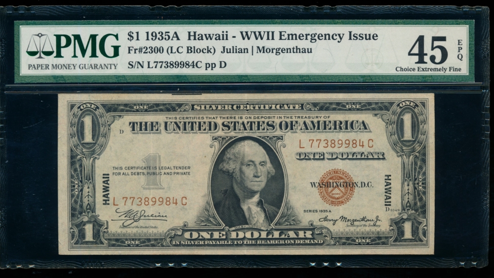Fr. 2300 1935A $1  Hawaii LC block PMG 45EPQ L77389984C