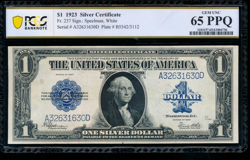 Fr. 237 1923 $1  Silver Certificate AD block PCGS 65PPQ A32631630D