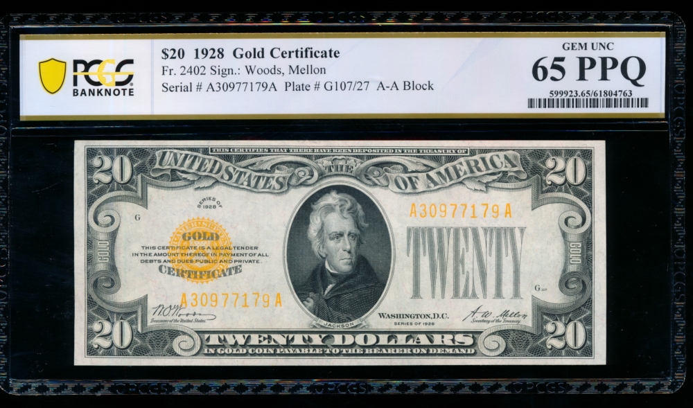 Fr. 2402 1928 $20  Gold Certificate  PCGS 65PPQ A30977179A