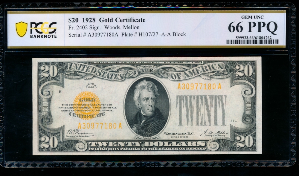 Fr. 2402 1928 $20  Gold Certificate  PCGS 66PPQ A30977180A