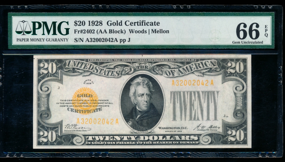 Fr. 2402 1928 $20  Gold Certificate  PMG 66EPQ A32002042A