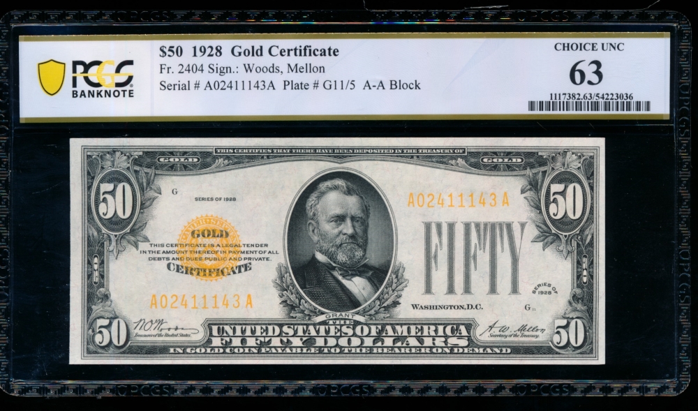Fr. 2404 1928 $50  Gold Certificate  PCGS 63 A02411143A