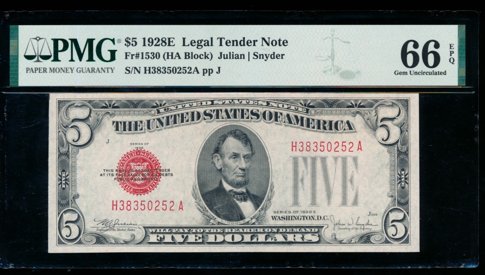Fr. 1530 1928E $5  Legal Tender HA block PMG 66EPQ H38350252A
