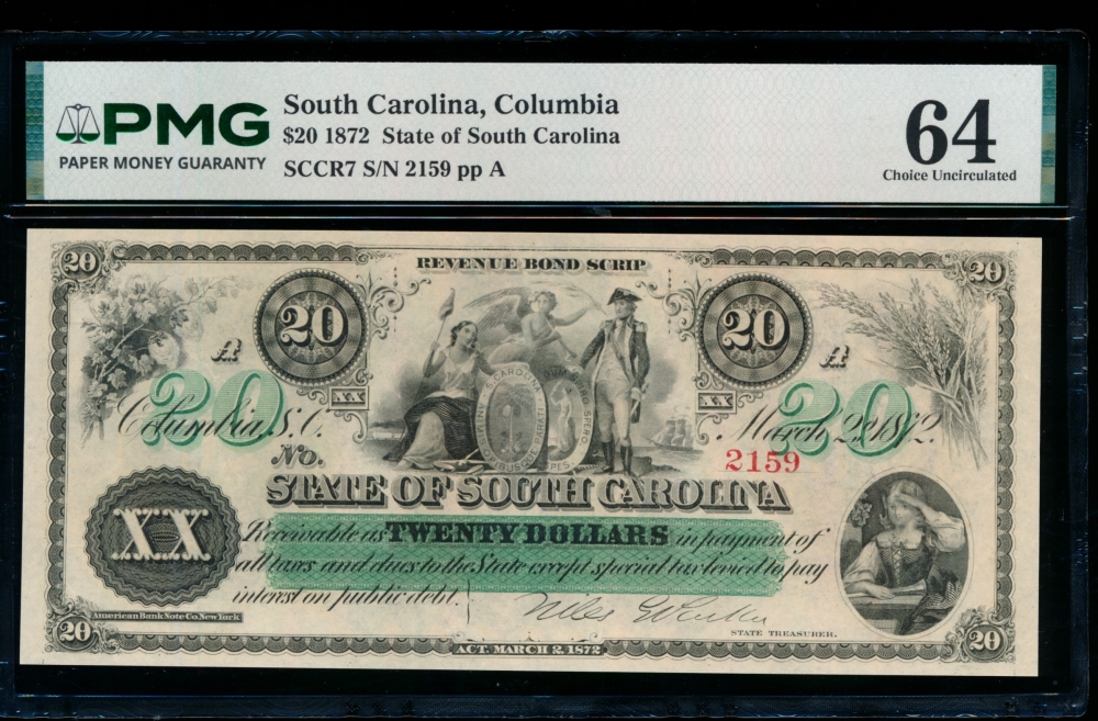 Fr. Cr SC-7 1872 $20  Obsolete State of South Carolina, Columbia, SC PMG 64 2159