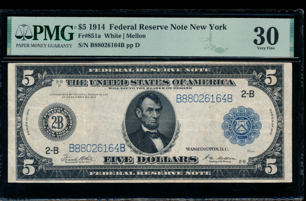Fr. 851a 1914 $5  Federal Reserve Note New York PMG 30 B88026164B