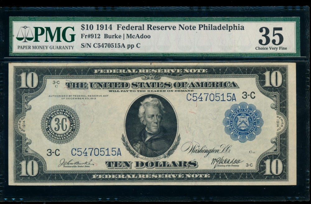 Fr. 912 1914 $10  Federal Reserve Note Philadelphia PMG 35 C5470515A