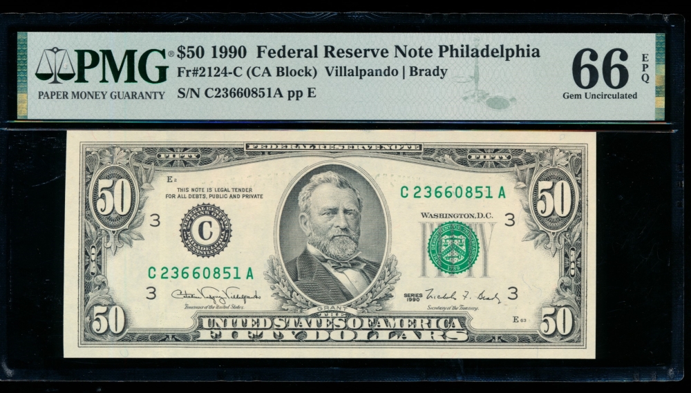 Fr. 2124-C 1990 $50  Federal Reserve Note Philadelphia PMG 66EPQ C23660851A