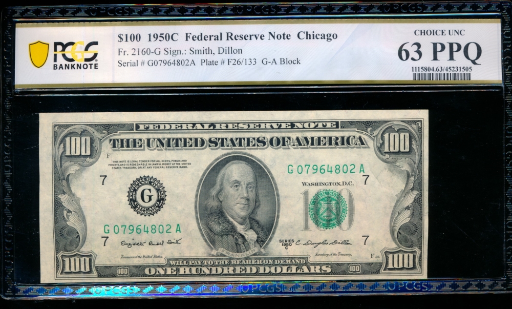 Fr. 2160-G 1950C $100  Federal Reserve Note Chicago PCGS 63PPQ G07964802A