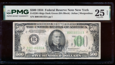 Fr. 2201-B 1934 $500  Federal Reserve Note New York PMG 25NET B00166155A