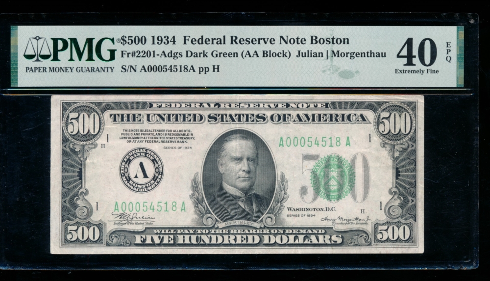 Fr. 2201-A 1934 $500  Federal Reserve Note Boston PMG 40EPQ A00054518A