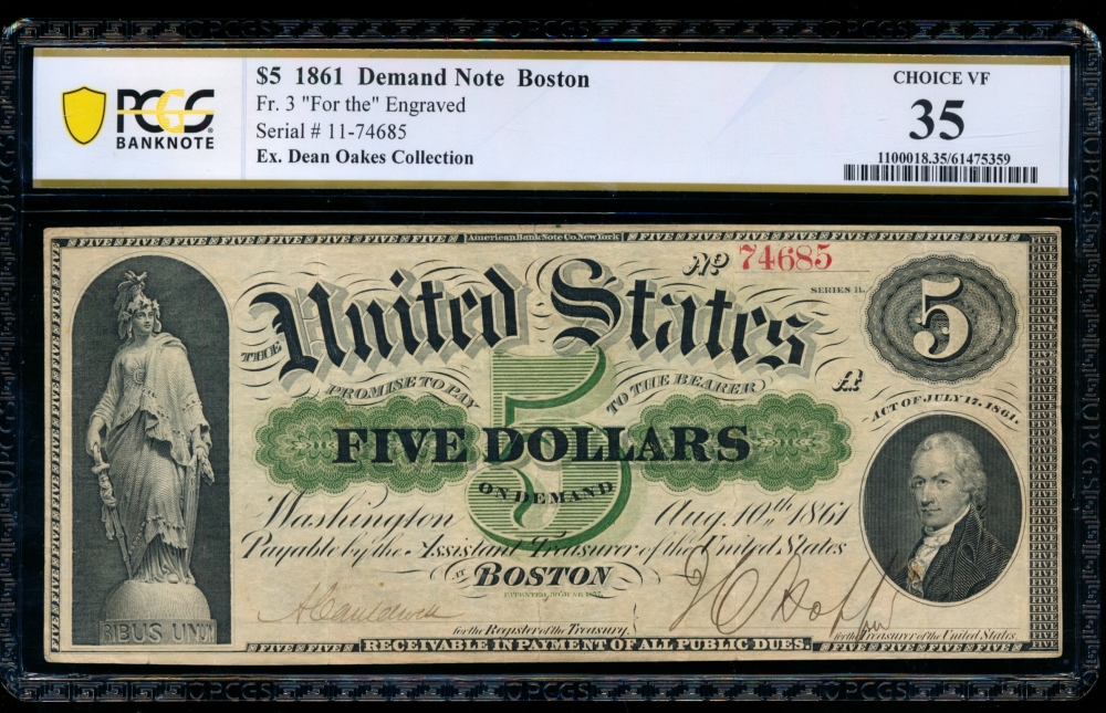Fr. 3 1861 $5  Demand Note  PCGS 35 11-74685
