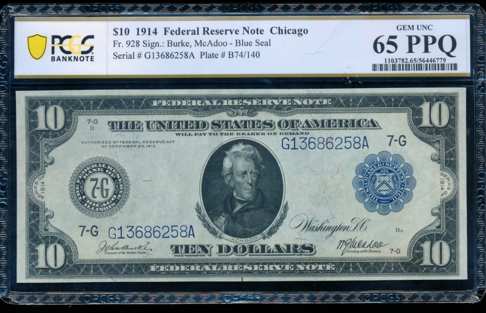 Fr. 928 1914 $10  Federal Reserve Note Chicago PCGS 65PPQ G13686258A
