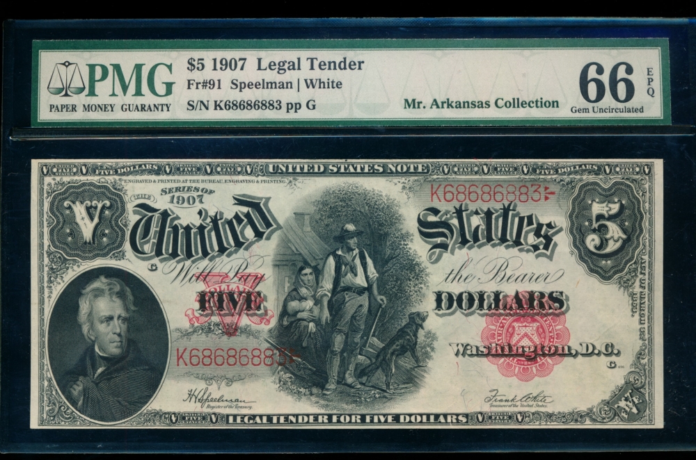 Fr. 91 1907 $5  Legal Tender  PMG 66EPQ K68686883