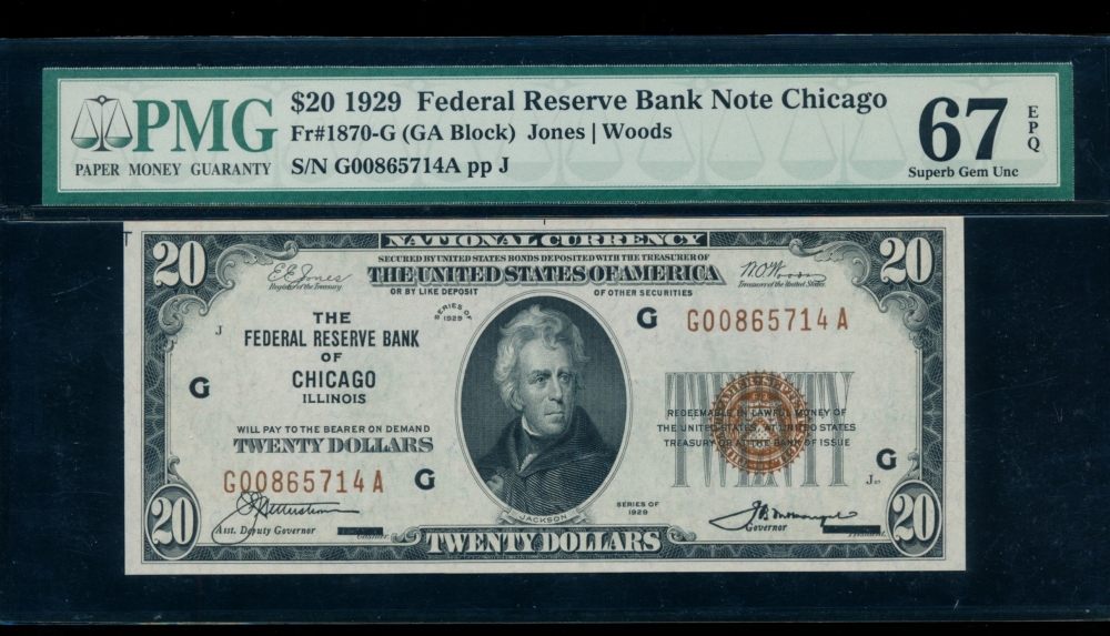 Fr. 1870-G 1929 $20  FRBN Chicago PMG 67EPQ G00865714A